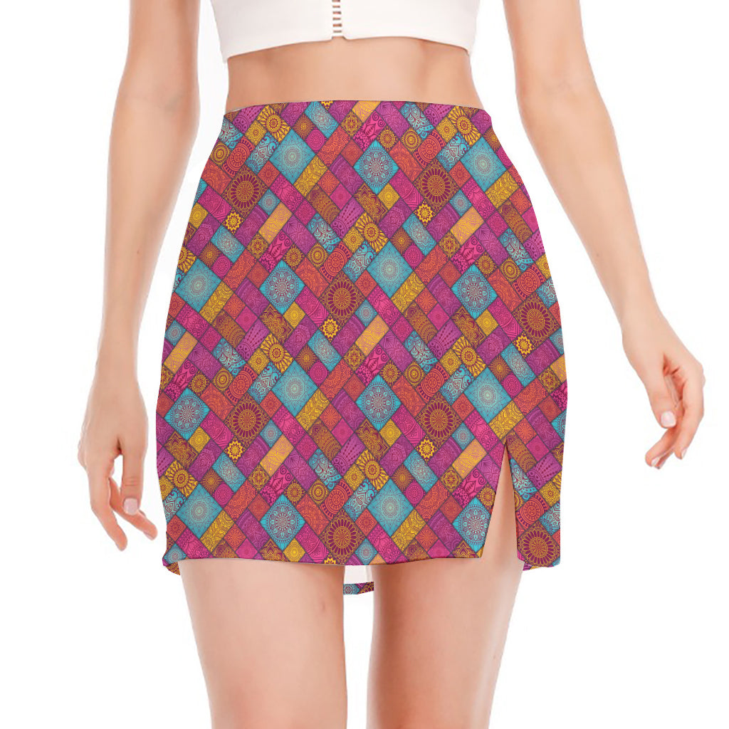 Indian Patchwork Pattern Print Side Slit Mini Skirt