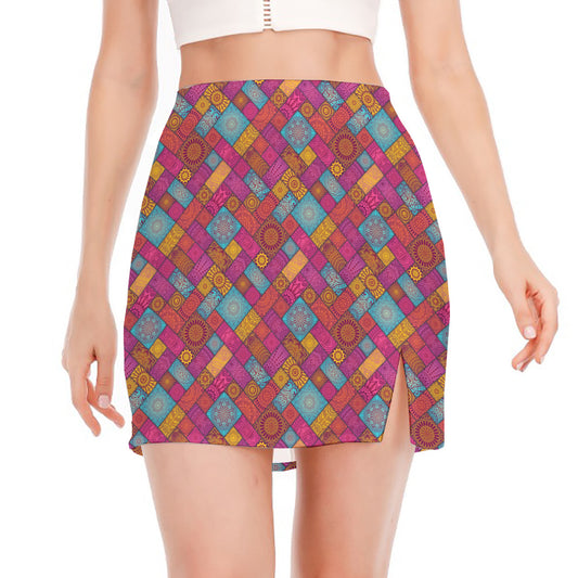 Indian Patchwork Pattern Print Side Slit Mini Skirt