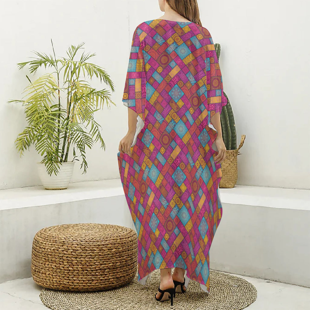 Indian Patchwork Pattern Print Silk V-Neck Kaftan Dress
