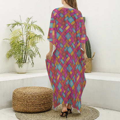 Indian Patchwork Pattern Print Silk V-Neck Kaftan Dress