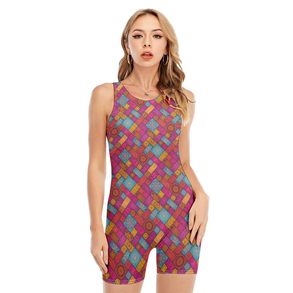Indian Patchwork Pattern Print Sleeveless One Piece Swimsuit