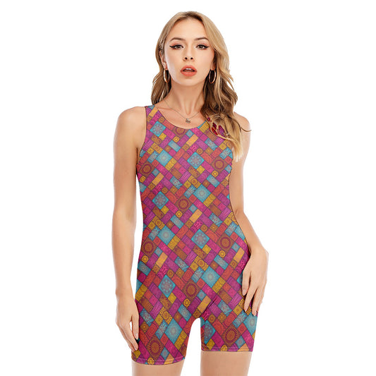 Indian Patchwork Pattern Print Sleeveless One Piece Swimsuit
