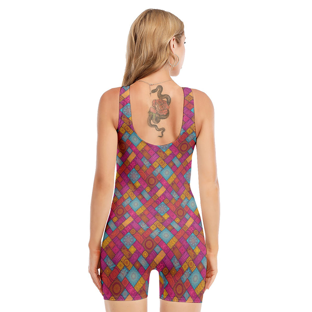 Indian Patchwork Pattern Print Sleeveless One Piece Swimsuit
