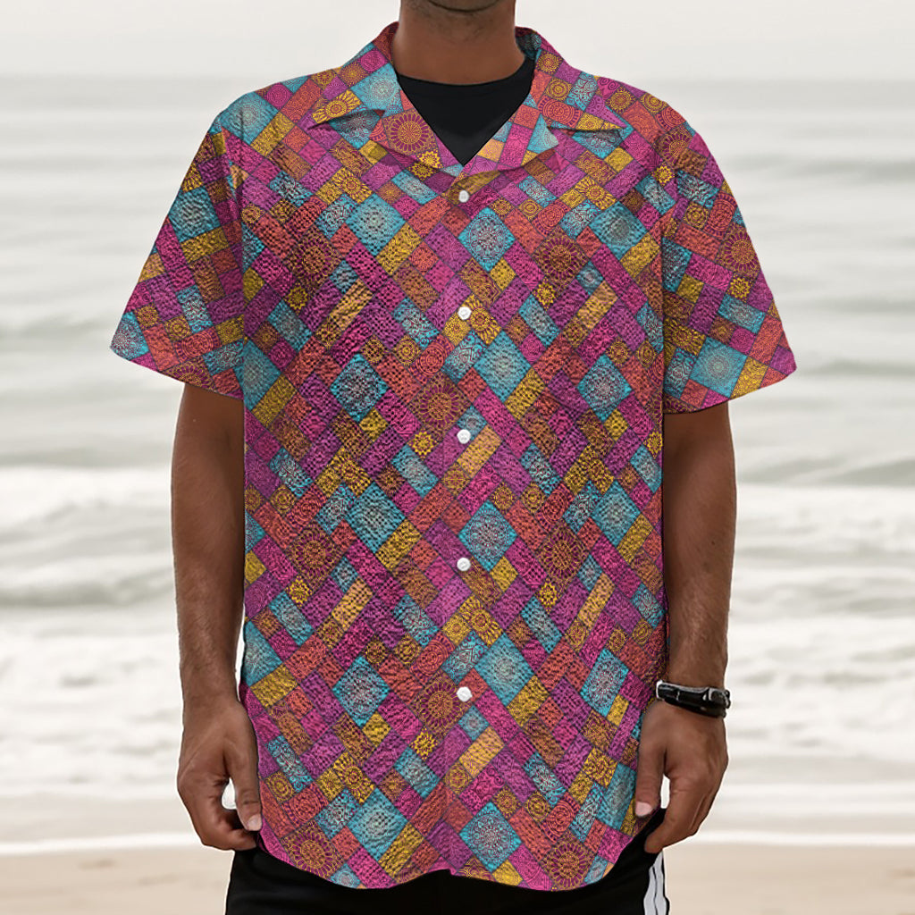 Indian Patchwork Pattern Print Textured Short Sleeve Shirt