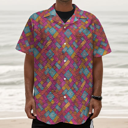 Indian Patchwork Pattern Print Textured Short Sleeve Shirt