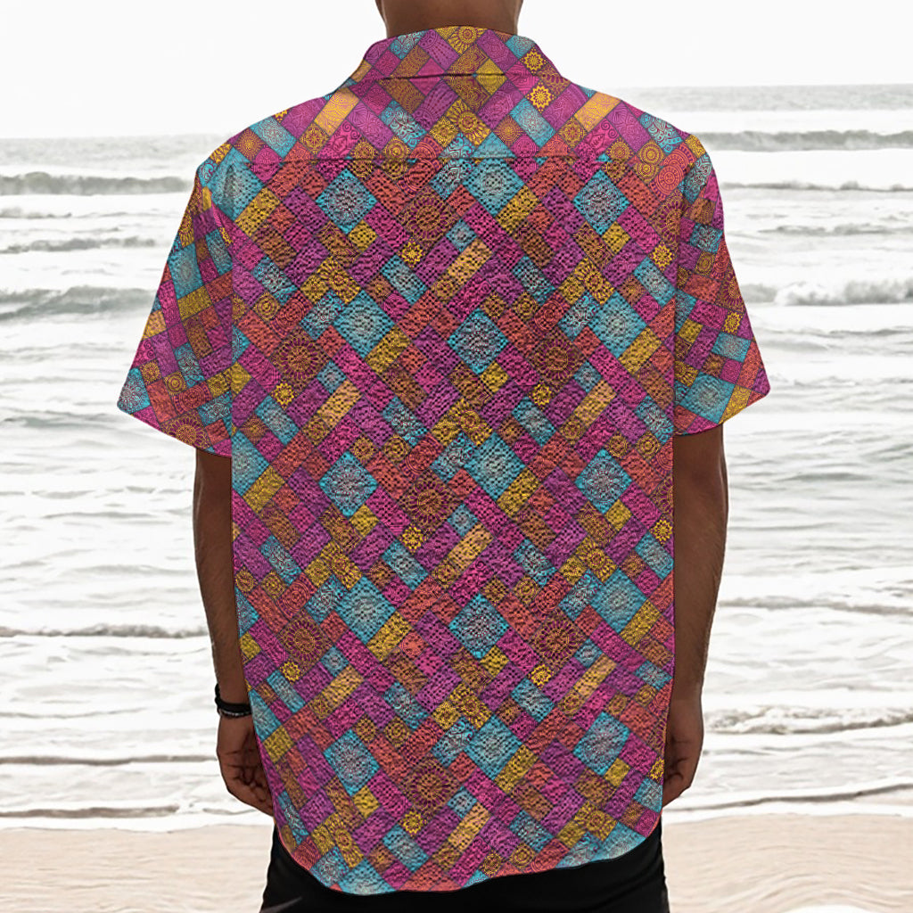 Indian Patchwork Pattern Print Textured Short Sleeve Shirt