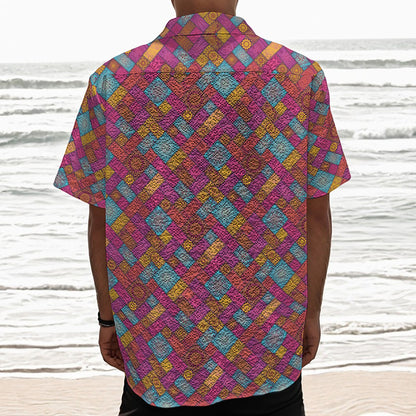 Indian Patchwork Pattern Print Textured Short Sleeve Shirt