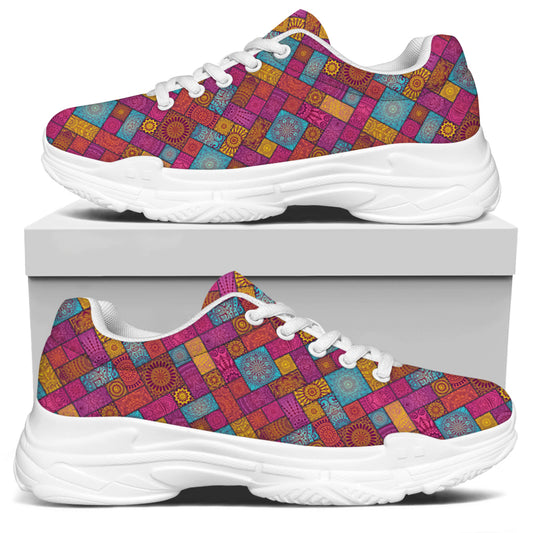 Indian Patchwork Pattern Print White Chunky Shoes