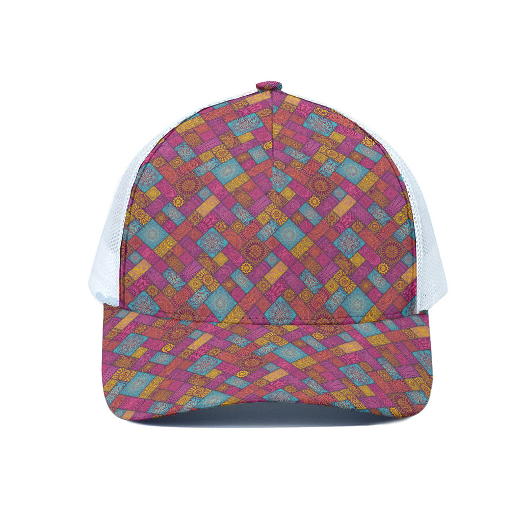 Indian Patchwork Pattern Print White Mesh Trucker Cap