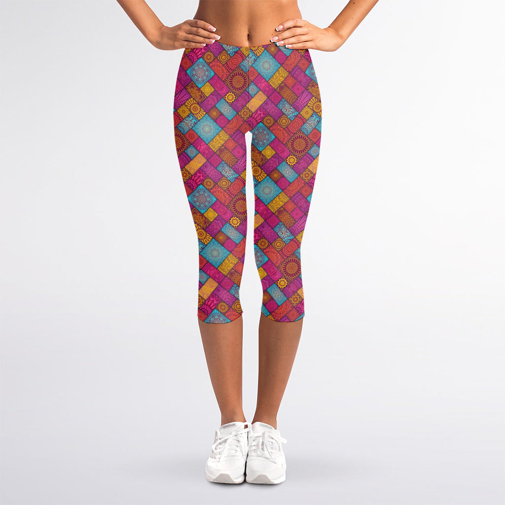 Indian Patchwork Pattern Print Women's Capri Leggings
