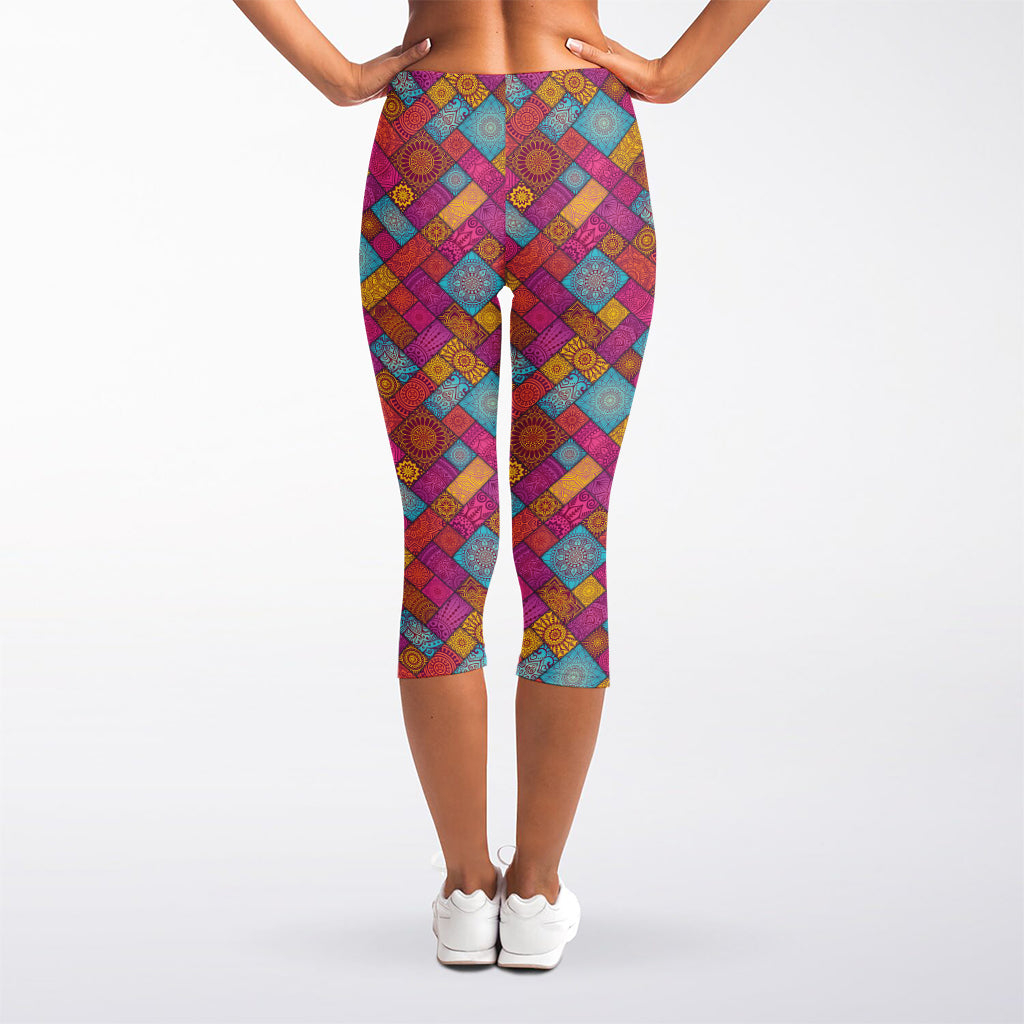 Indian Patchwork Pattern Print Women's Capri Leggings