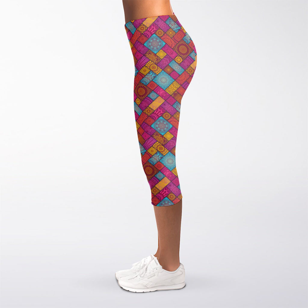 Indian Patchwork Pattern Print Women's Capri Leggings