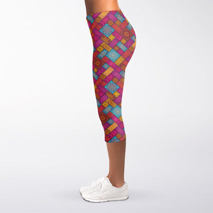 Indian Patchwork Pattern Print Women's Capri Leggings