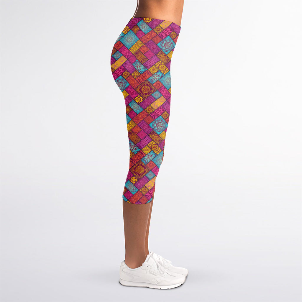 Indian Patchwork Pattern Print Women's Capri Leggings