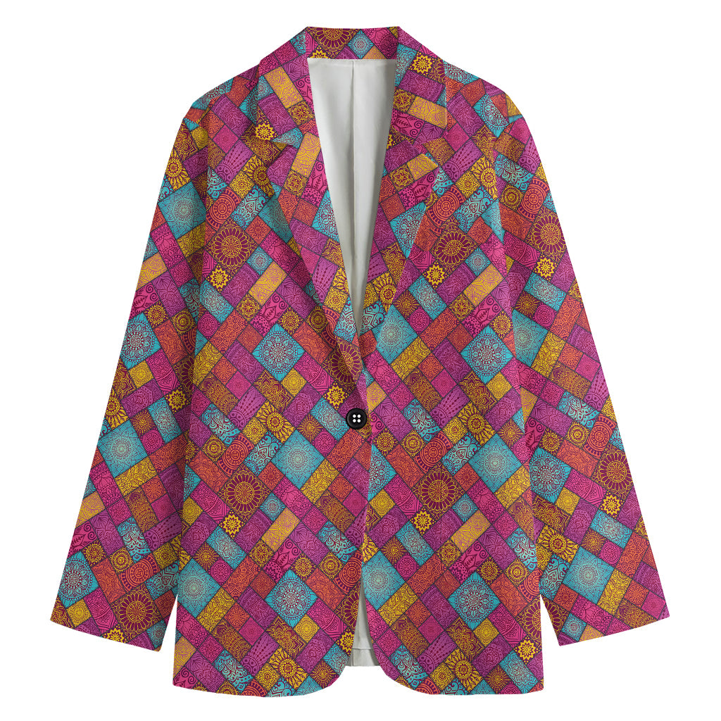 Indian Patchwork Pattern Print Women's Cotton Blazer