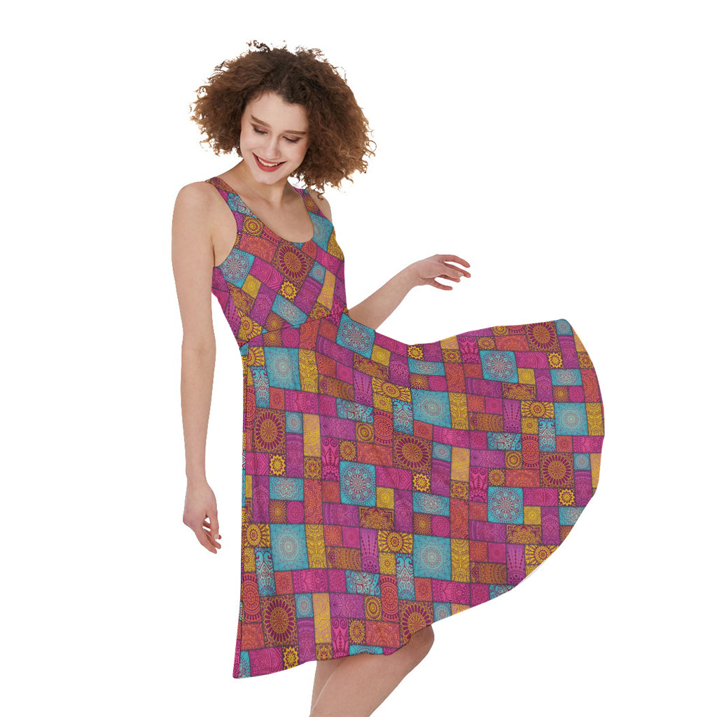 Indian Patchwork Pattern Print Women's Sleeveless Dress
