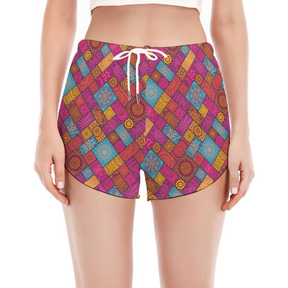 Indian Patchwork Pattern Print Women's Split Running Shorts