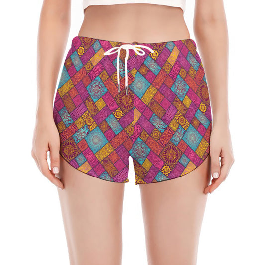 Indian Patchwork Pattern Print Women's Split Running Shorts