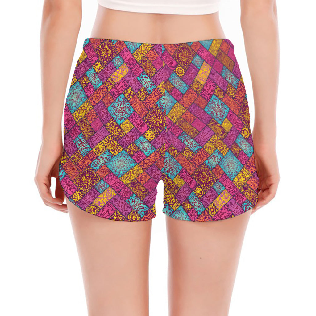 Indian Patchwork Pattern Print Women's Split Running Shorts