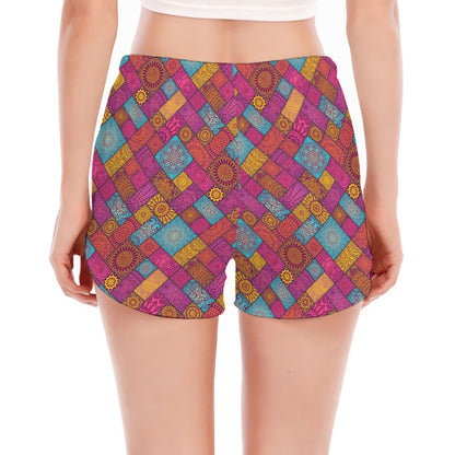Indian Patchwork Pattern Print Women's Split Running Shorts