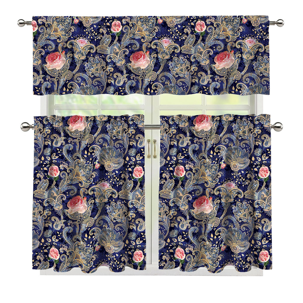 Indian Rose Paisley Pattern Print 3 Piece Kitchen Curtains