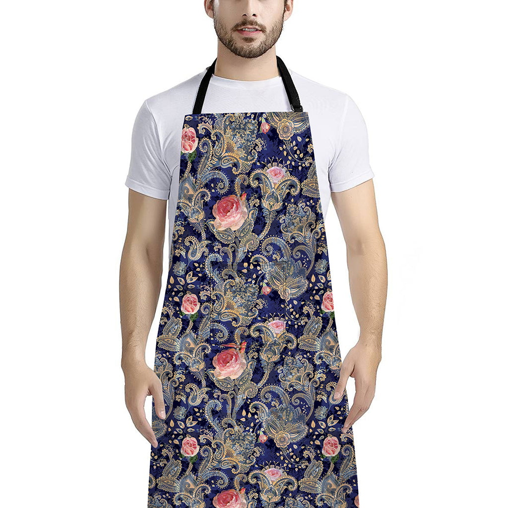Indian Rose Paisley Pattern Print Bib Apron With Pocket