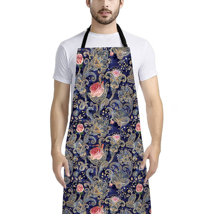 Indian Rose Paisley Pattern Print Bib Apron With Pocket