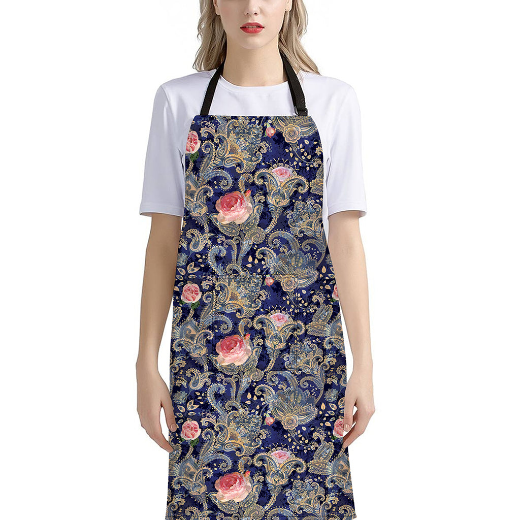 Indian Rose Paisley Pattern Print Bib Apron With Pocket