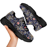 Indian Rose Paisley Pattern Print Black Chunky Shoes