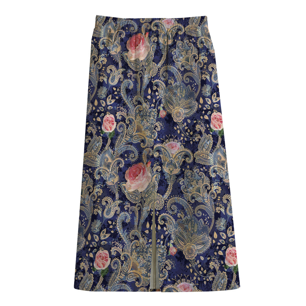 Indian Rose Paisley Pattern Print Cotton Front Slit Maxi Skirt