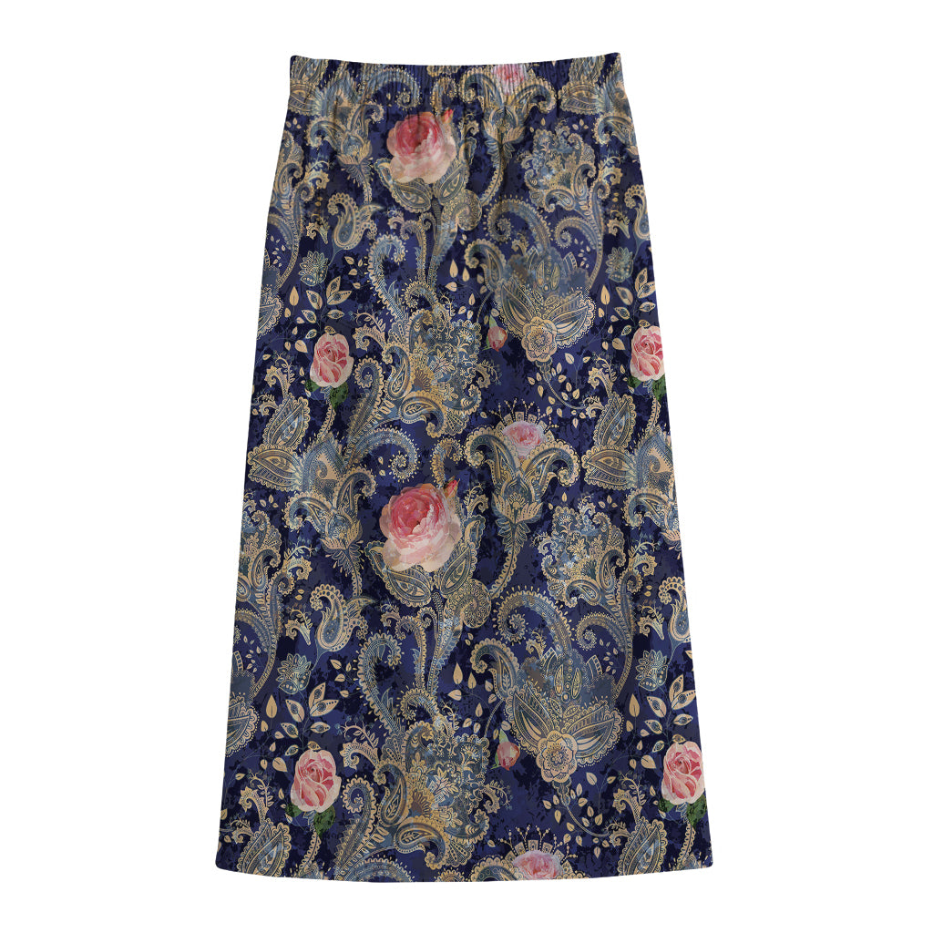 Indian Rose Paisley Pattern Print Cotton Front Slit Maxi Skirt