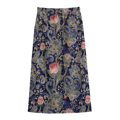 Indian Rose Paisley Pattern Print Cotton Front Slit Maxi Skirt