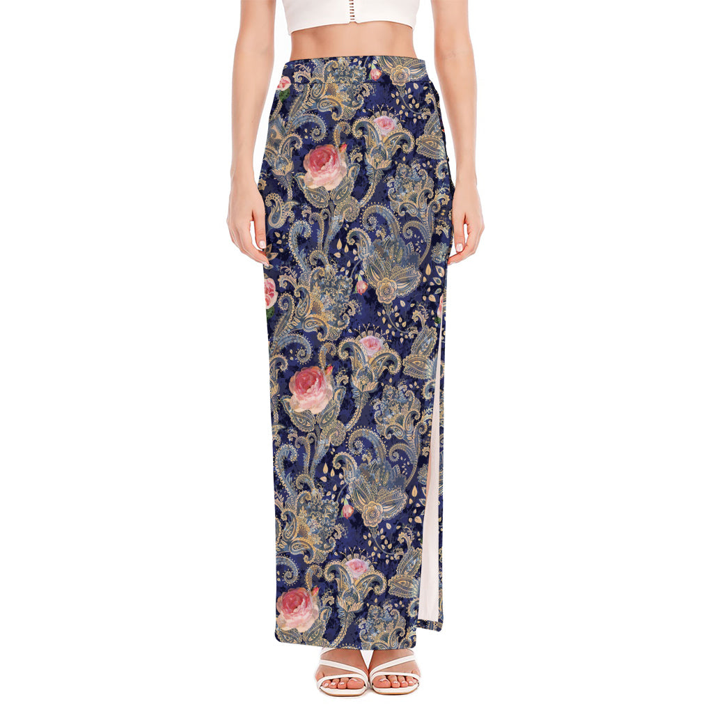 Indian Rose Paisley Pattern Print High Slit Maxi Skirt