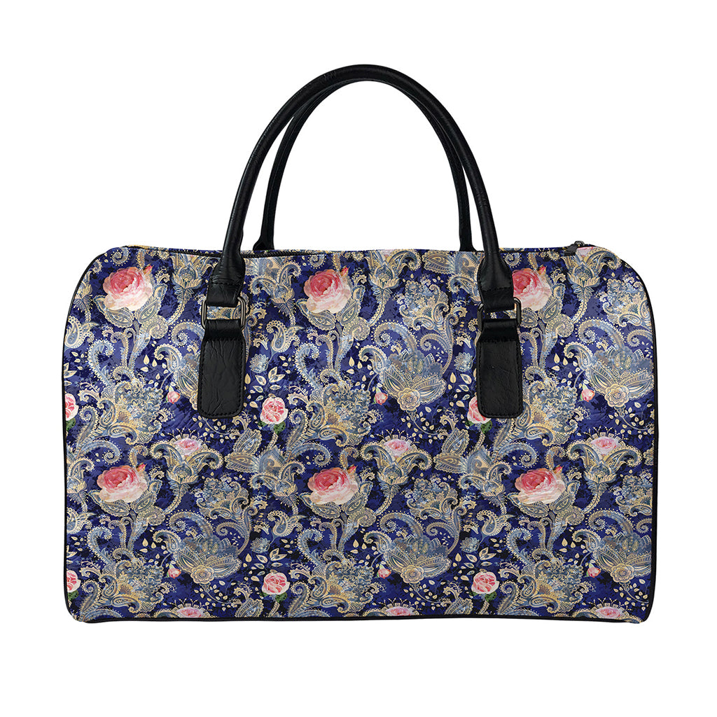 Indian Rose Paisley Pattern Print Leather Duffle Bag