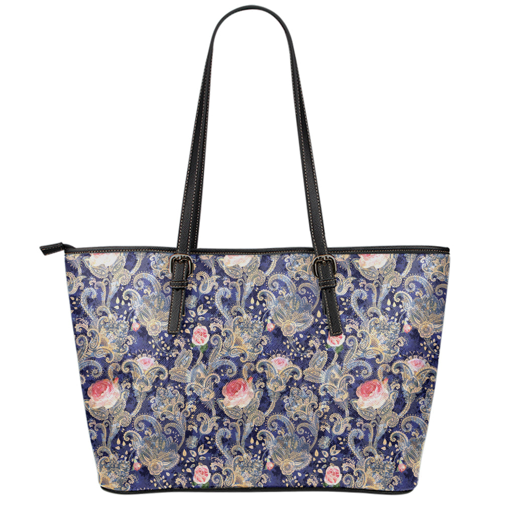 Indian Rose Paisley Pattern Print Leather Tote Bag