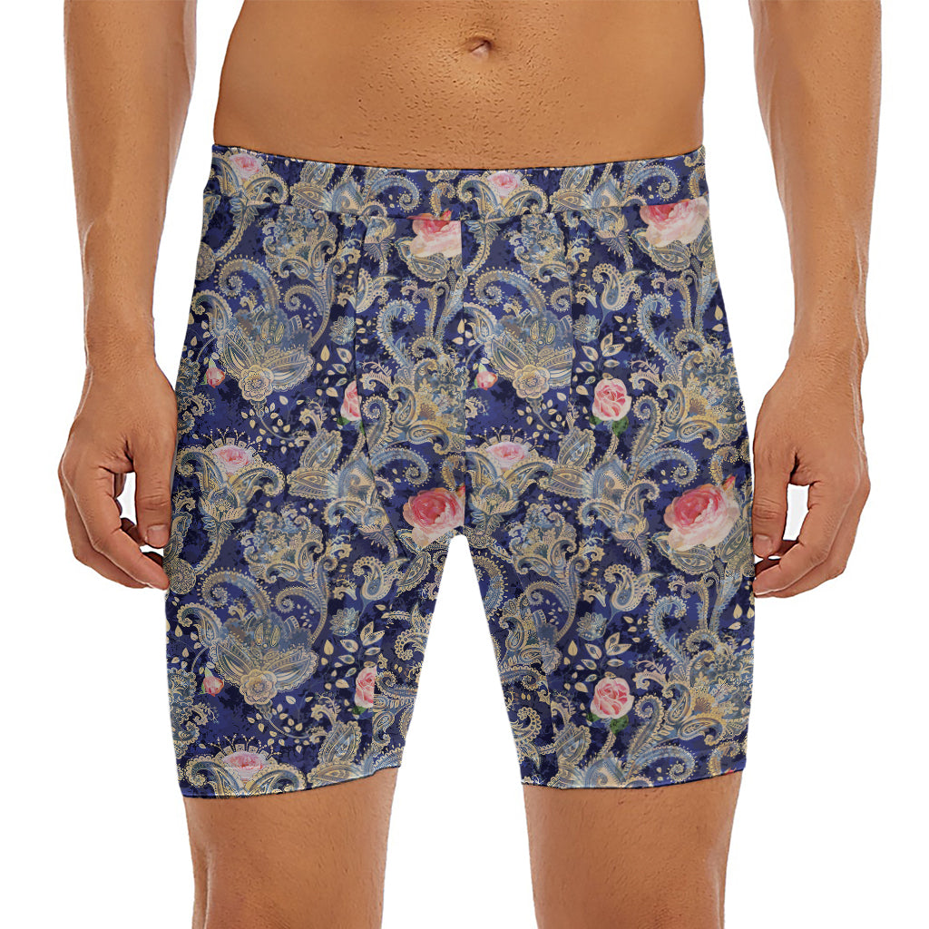 Indian Rose Paisley Pattern Print Men's Long Boxer Briefs