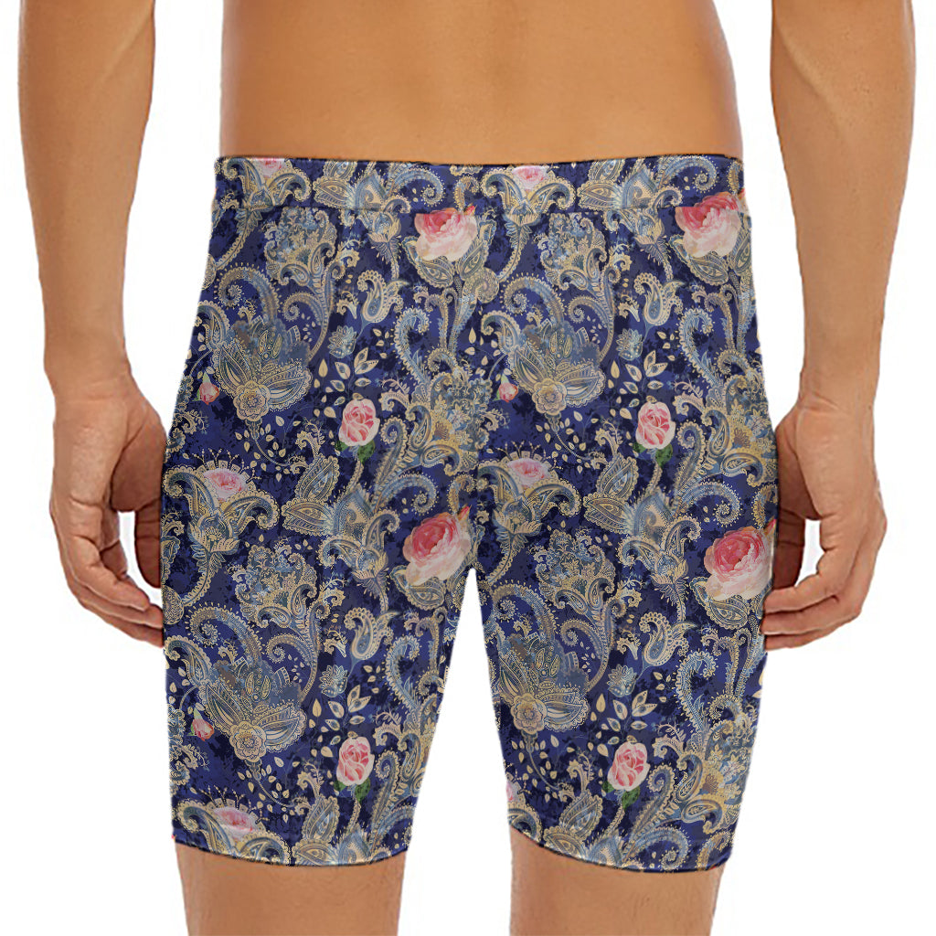 Indian Rose Paisley Pattern Print Men's Long Boxer Briefs