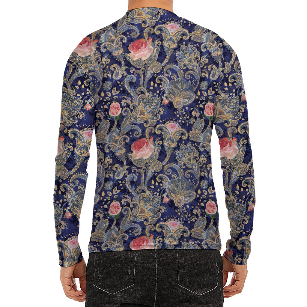 Indian Rose Paisley Pattern Print Men's Long Sleeve Rash Guard