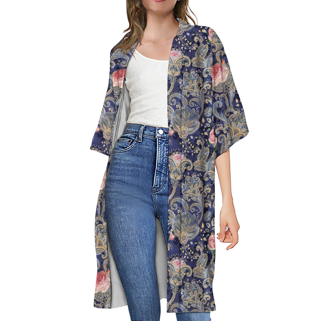 Indian Rose Paisley Pattern Print Open Front Beach Cover Up