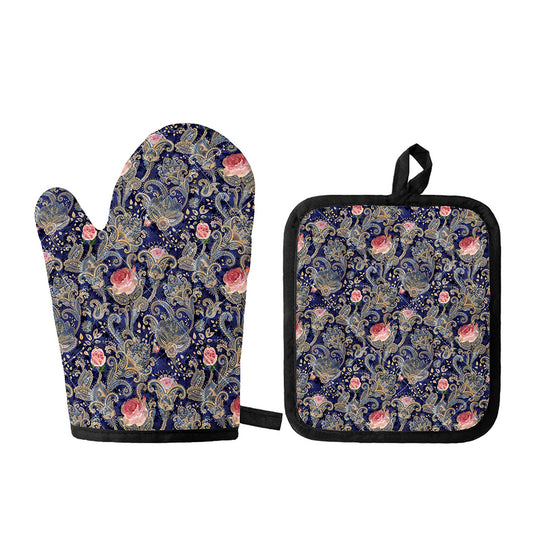 Indian Rose Paisley Pattern Print Oven Mitt And Pot Holder Set