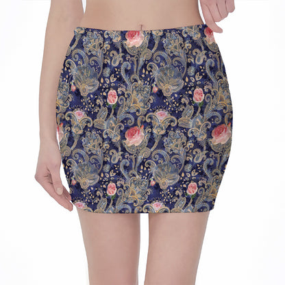 Indian Rose Paisley Pattern Print Pencil Mini Skirt