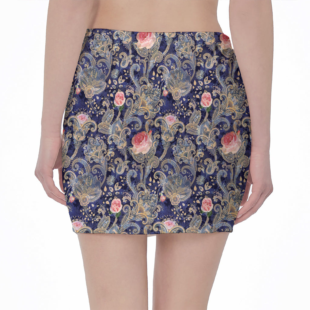 Indian Rose Paisley Pattern Print Pencil Mini Skirt