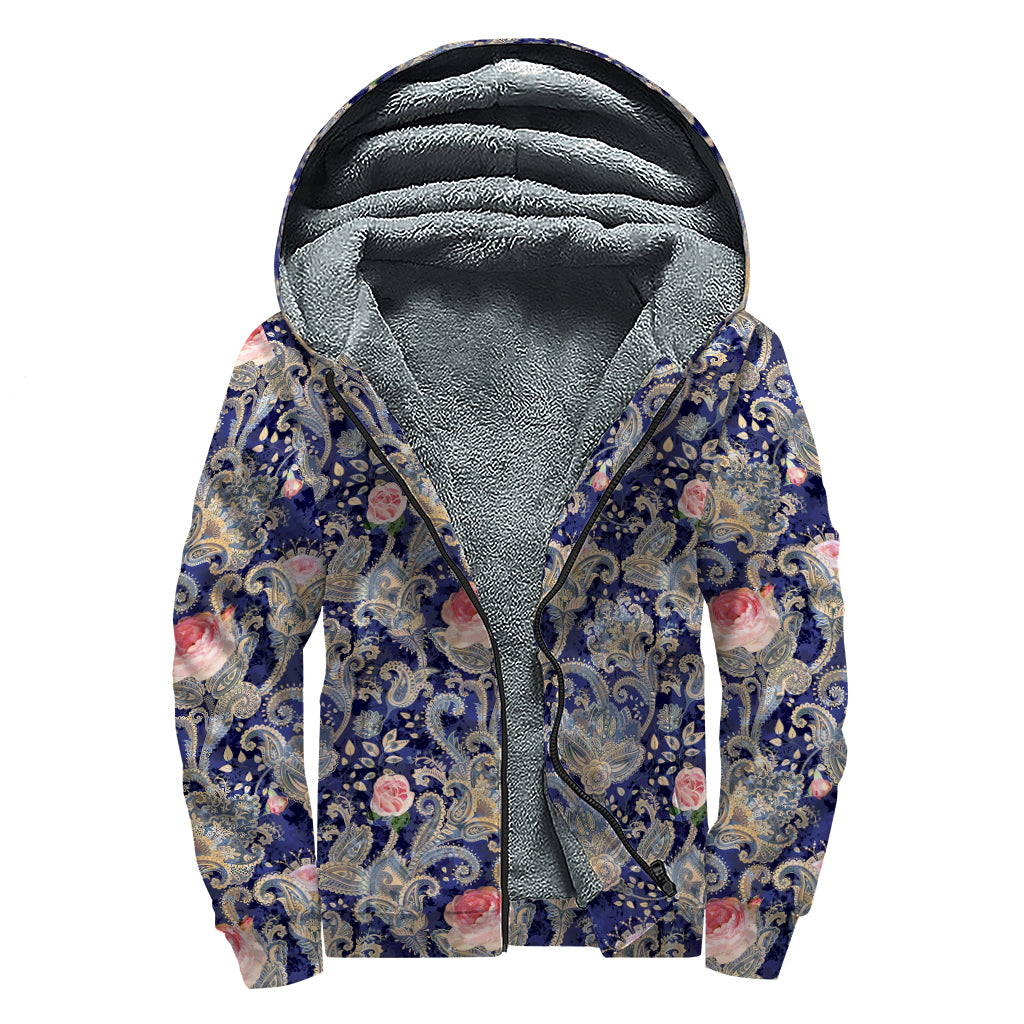 Indian Rose Paisley Pattern Print Sherpa Lined Zip Up Hoodie