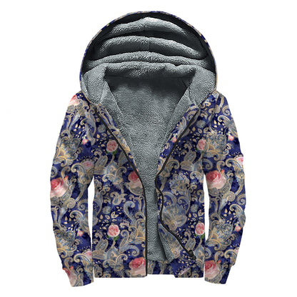 Indian Rose Paisley Pattern Print Sherpa Lined Zip Up Hoodie