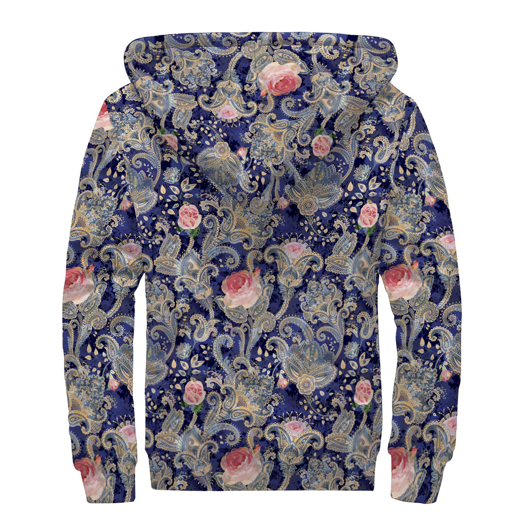 Indian Rose Paisley Pattern Print Sherpa Lined Zip Up Hoodie