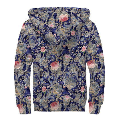 Indian Rose Paisley Pattern Print Sherpa Lined Zip Up Hoodie