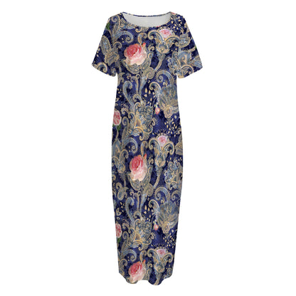 Indian Rose Paisley Pattern Print Short Sleeve Long Nightdress