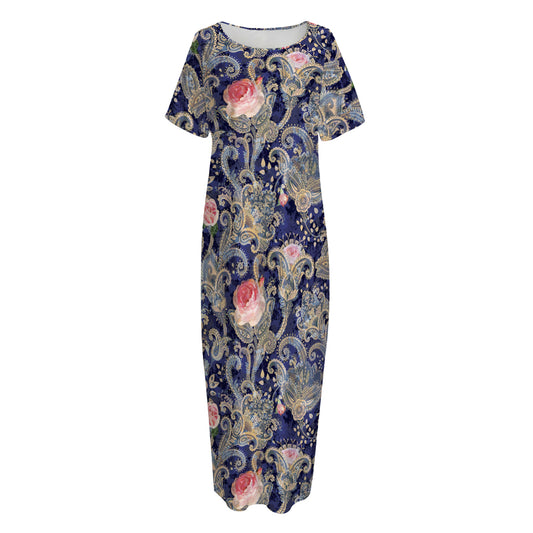 Indian Rose Paisley Pattern Print Short Sleeve Long Nightdress