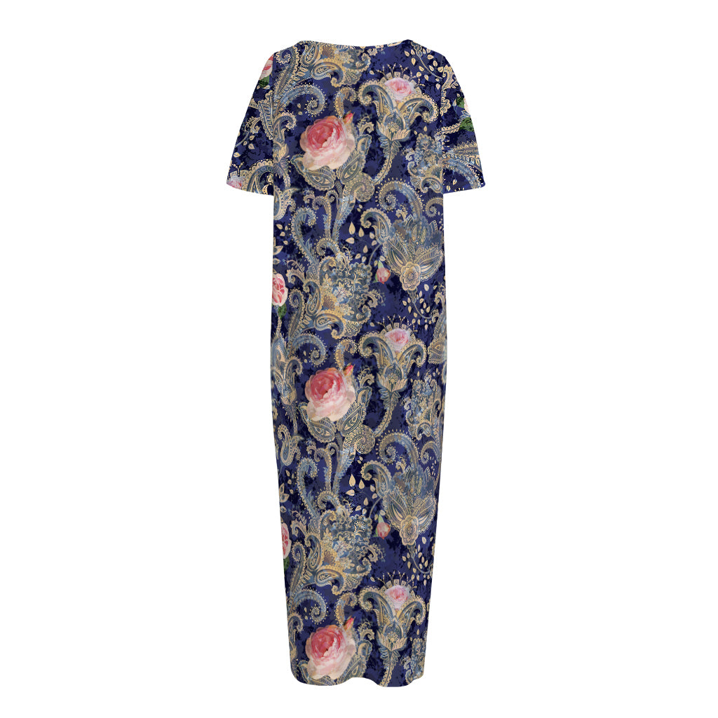 Indian Rose Paisley Pattern Print Short Sleeve Long Nightdress