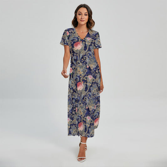 Indian Rose Paisley Pattern Print Short Sleeve Maxi Dress
